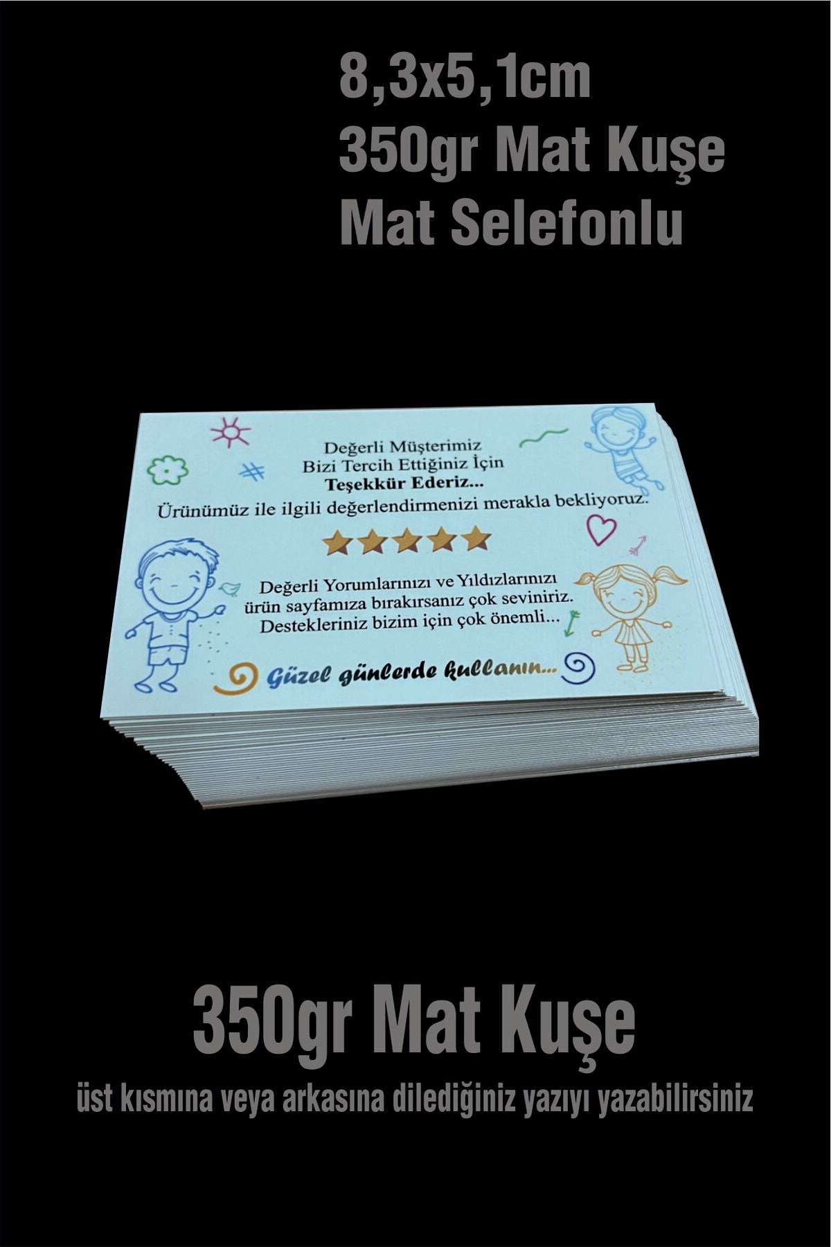 Neşeli Çizgi Teşekkür Kartı 5x8,3 cm (50 Adet)