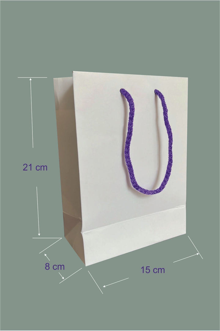 Mor İpli Beyaz Karton Çanta 15x21x8 cm (25 Adet)