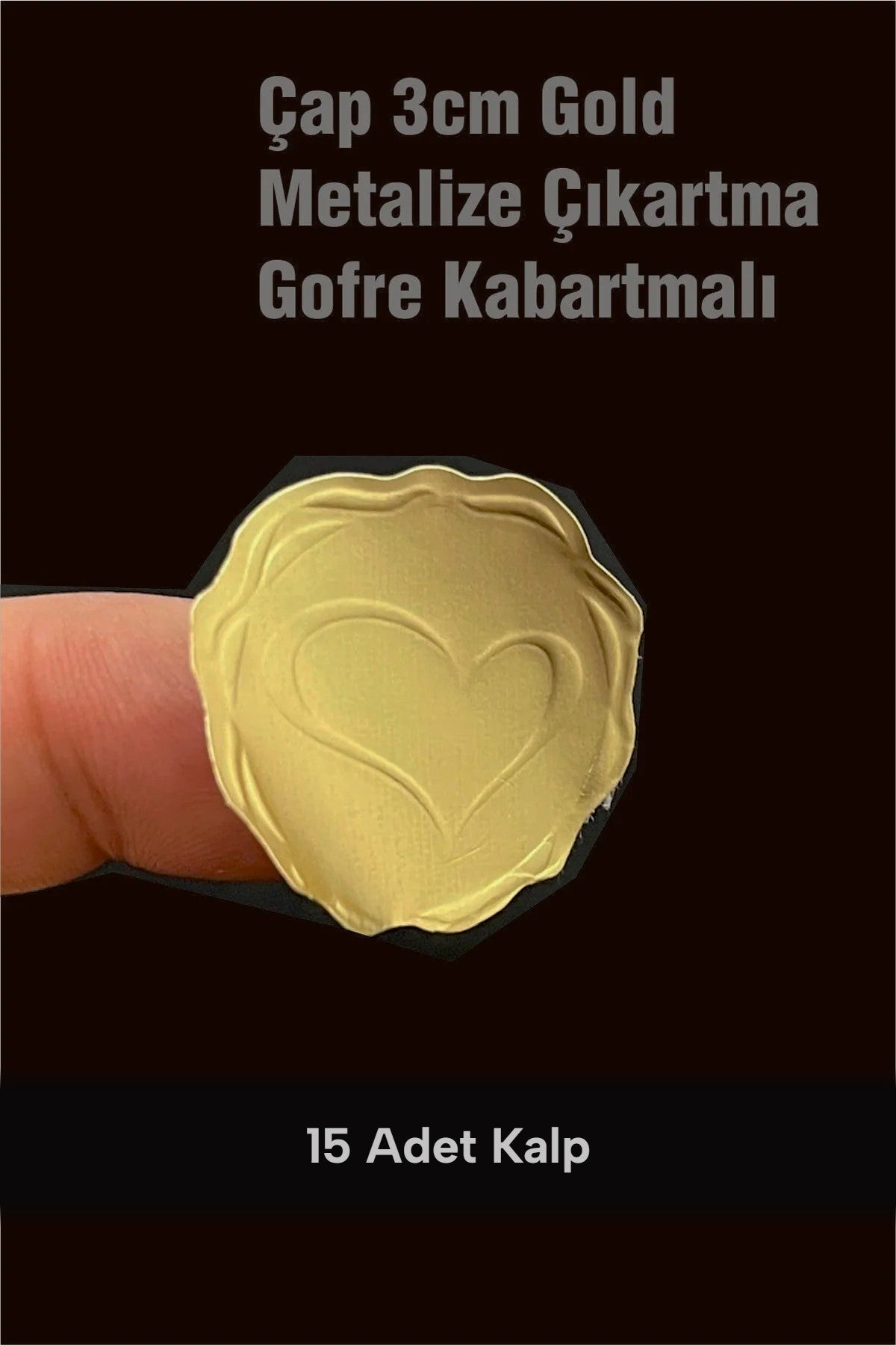 Gold metalize kalp kabartma etiket 3 cm